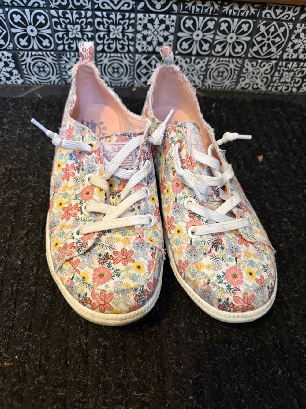 BOBS from Skechers Floral Canvas Lace-Up Sneakers - Pink Multicolor